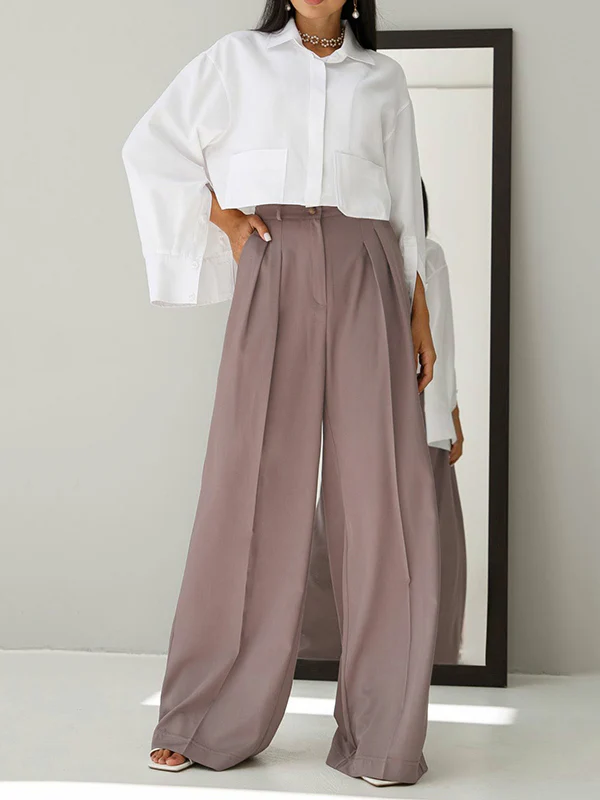 High Waisted Loose Pleated Solid Color Split-Joint Suit Pants Trousers - Image 2