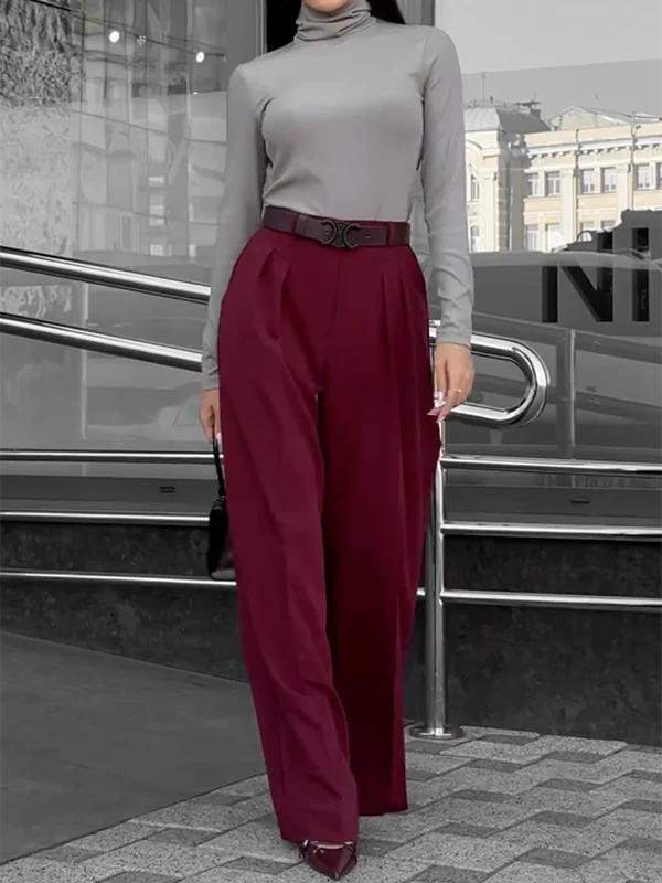 High Waisted Loose Pleated Solid Color Split-Joint Suit Pants Trousers - Image 4