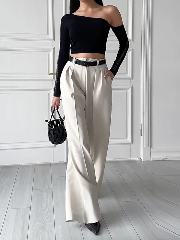 High Waisted Loose Pleated Solid Color Split-Joint Suit Pants Trousers - Image 5