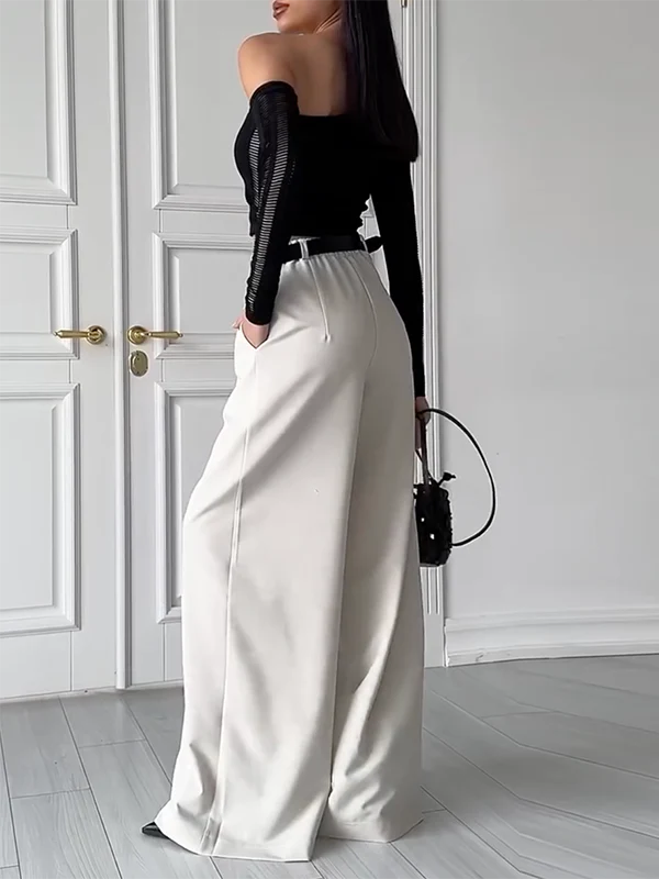 High Waisted Loose Pleated Solid Color Split-Joint Suit Pants Trousers - Image 6