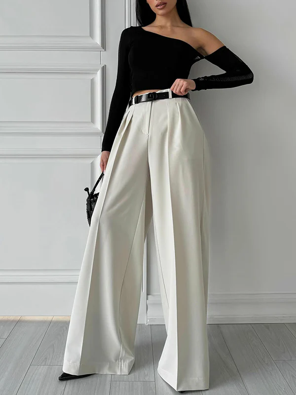 High Waisted Loose Pleated Solid Color Split-Joint Suit Pants Trousers - Image 7