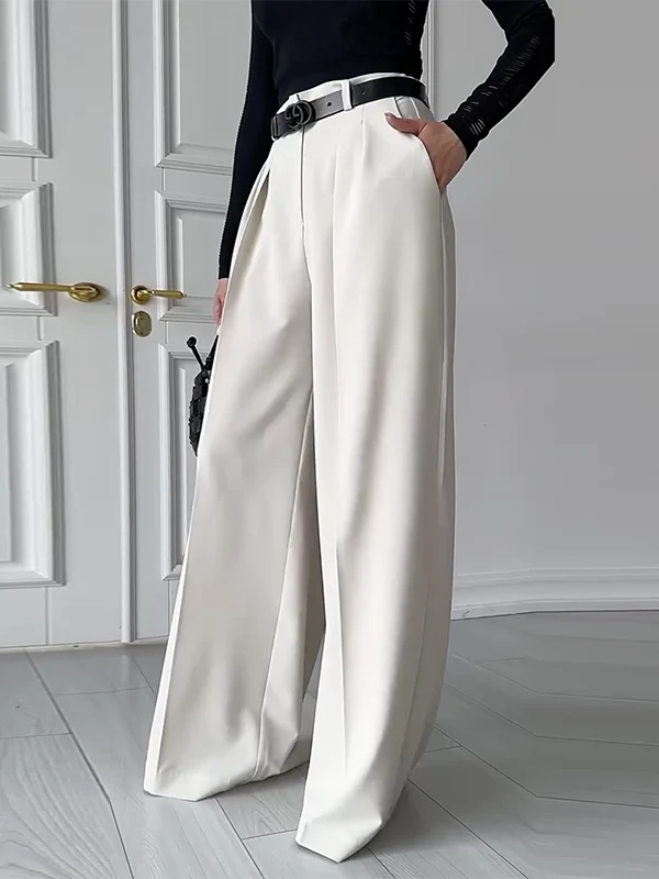 High Waisted Loose Pleated Solid Color Split-Joint Suit Pants Trousers - Image 8