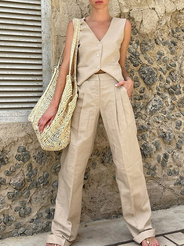 Loose Solid Color Split-Joint V-Neck Top+ Pleated High Waisted Vest Top + Pants Bottom Two Pieces Set - Image 2