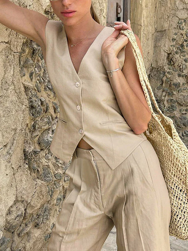 Loose Solid Color Split-Joint V-Neck Top+ Pleated High Waisted Vest Top + Pants Bottom Two Pieces Set - Image 4