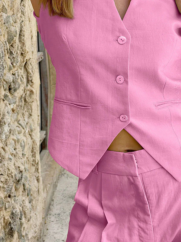 Loose Solid Color Split-Joint V-Neck Top+ Pleated High Waisted Vest Top + Pants Bottom Two Pieces Set - Image 5