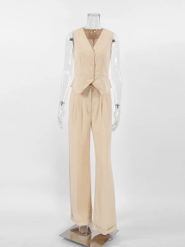 Loose Solid Color Split-Joint V-Neck Top+ Pleated High Waisted Vest Top + Pants Bottom Two Pieces Set - Image 6