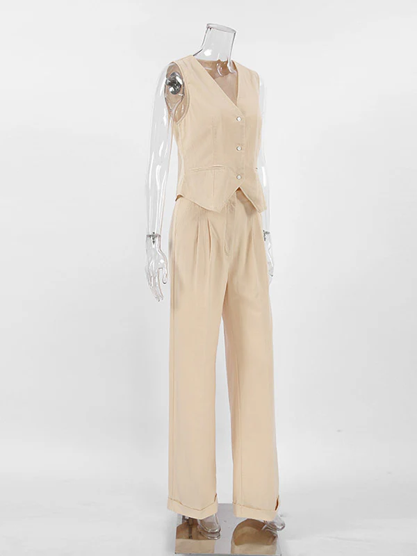 Loose Solid Color Split-Joint V-Neck Top+ Pleated High Waisted Vest Top + Pants Bottom Two Pieces Set - Image 7