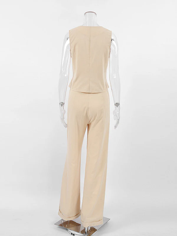 Loose Solid Color Split-Joint V-Neck Top+ Pleated High Waisted Vest Top + Pants Bottom Two Pieces Set - Image 8