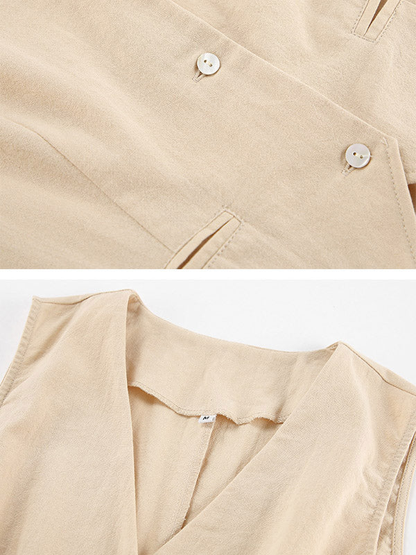 Loose Solid Color Split-Joint V-Neck Top+ Pleated High Waisted Vest Top + Pants Bottom Two Pieces Set - Image 9