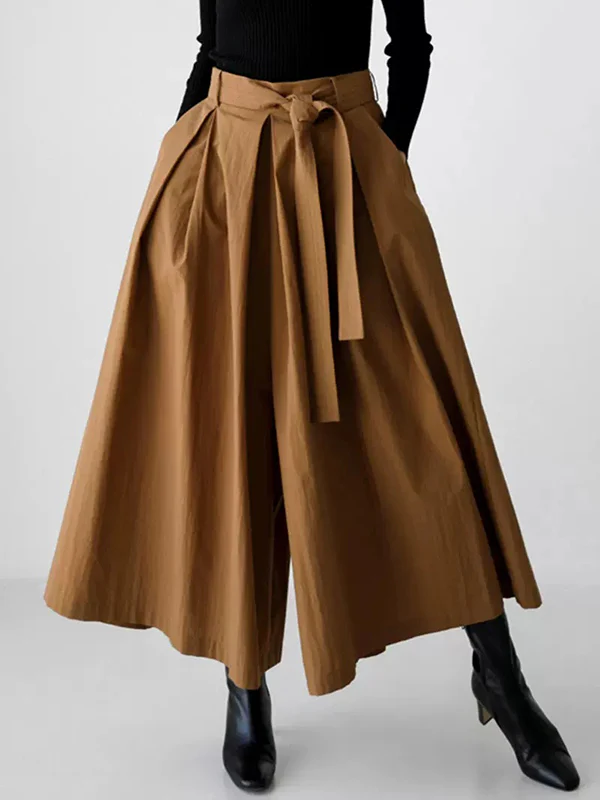 High Waisted Loose Pleated Solid Color Tied Waist Wide Leg Pants Trousers - Image 5