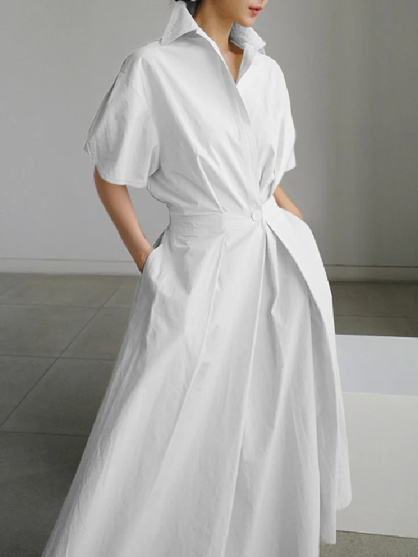 High Waisted Loose Pleated Solid Color V-Neck Midi Dresses - Image 2
