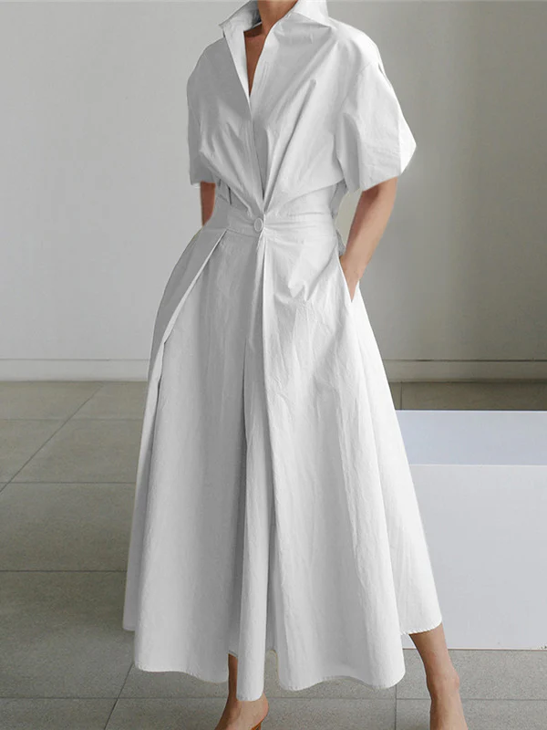 High Waisted Loose Pleated Solid Color V-Neck Midi Dresses - Image 3