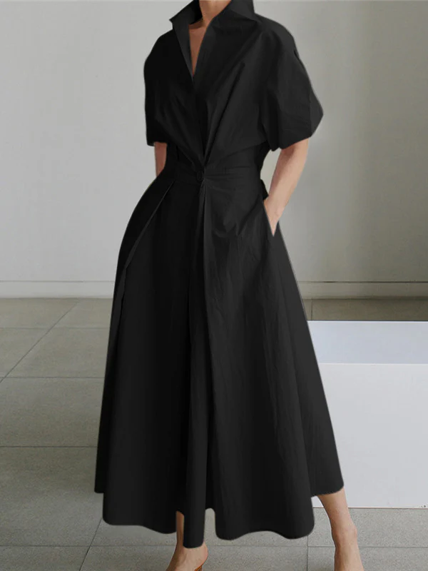 High Waisted Loose Pleated Solid Color V-Neck Midi Dresses - Image 4