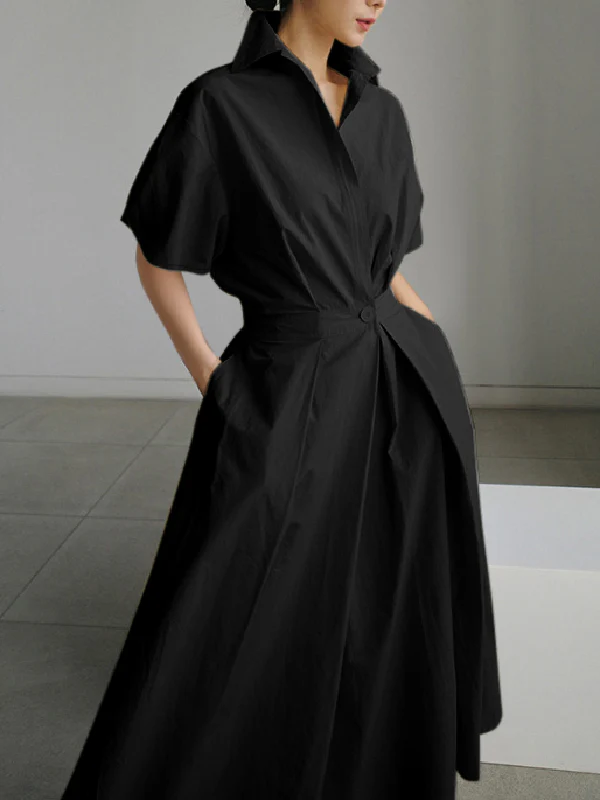 High Waisted Loose Pleated Solid Color V-Neck Midi Dresses - Image 5