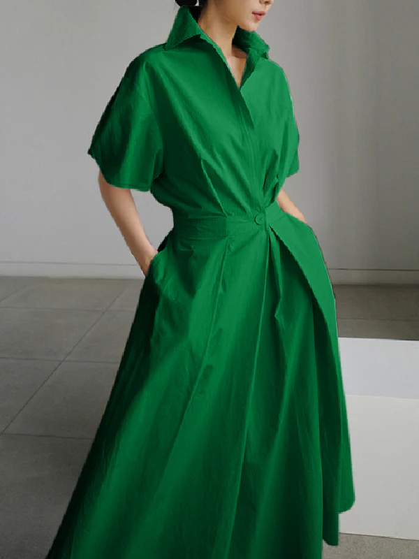 High Waisted Loose Pleated Solid Color V-Neck Midi Dresses - Image 6