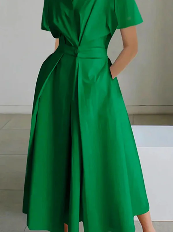 High Waisted Loose Pleated Solid Color V-Neck Midi Dresses - Image 7