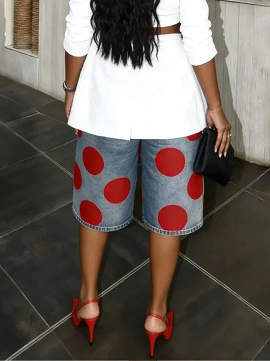 High Waisted Loose Pockets Polka-Dot Denim Shorts - Image 2