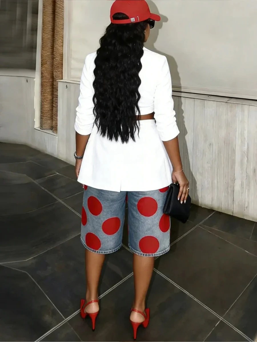High Waisted Loose Pockets Polka-Dot Denim Shorts - Image 4