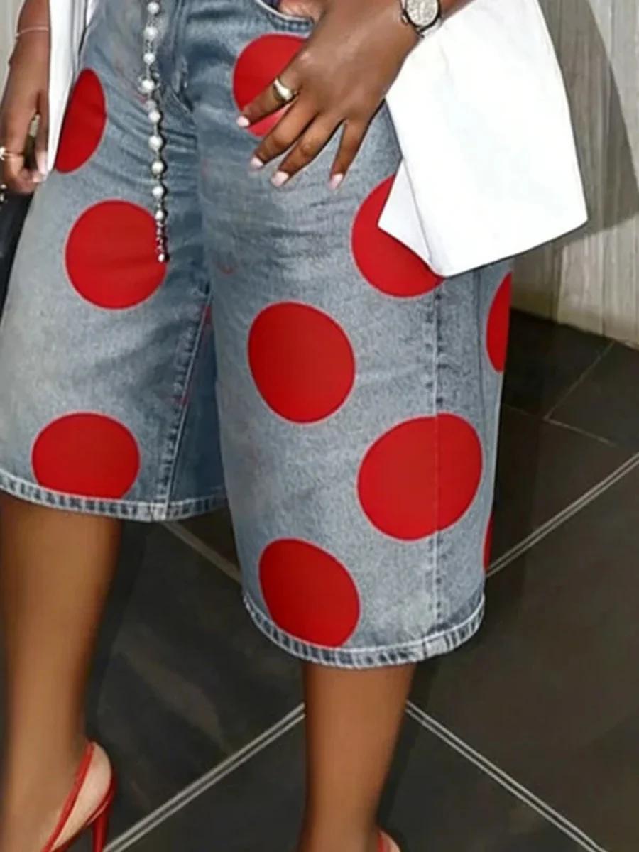 High Waisted Loose Pockets Polka-Dot Denim Shorts - Image 5