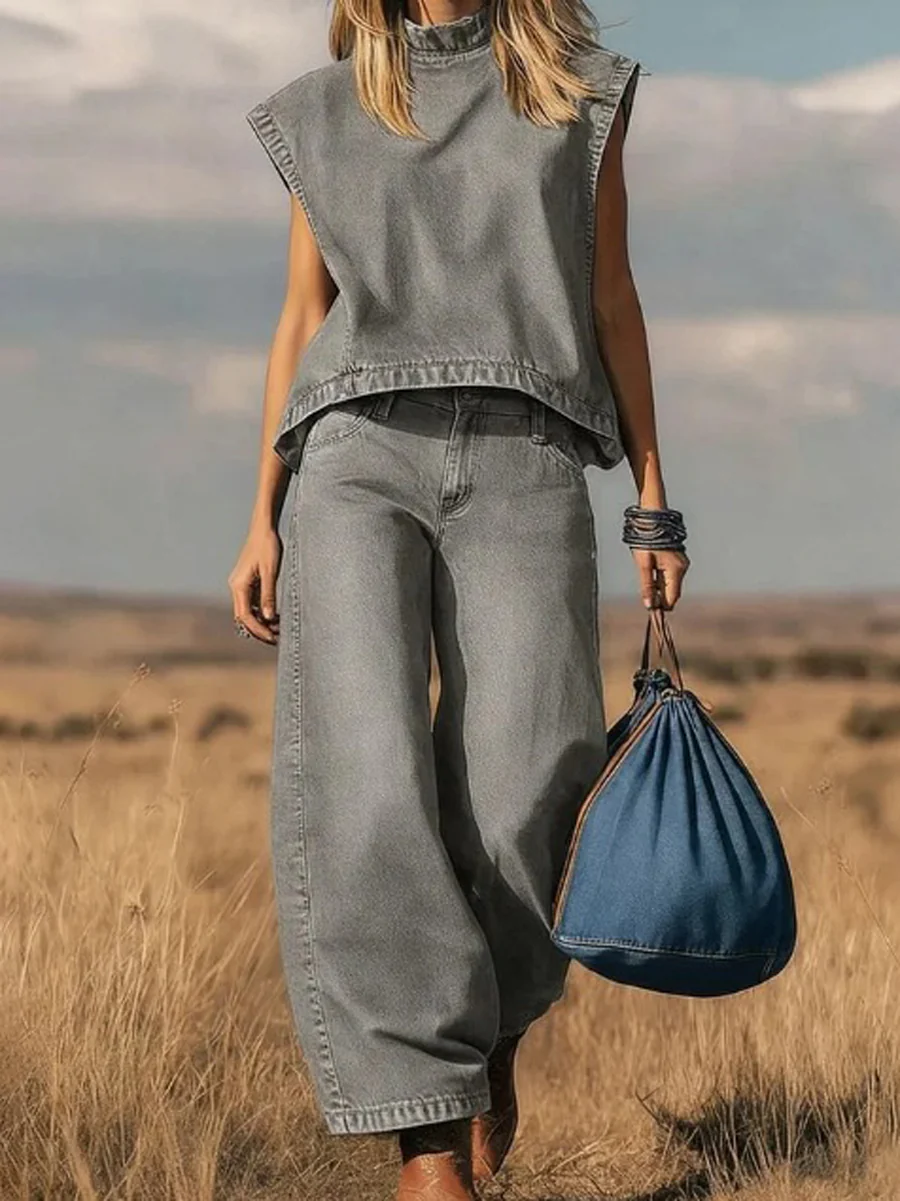 High Waisted Loose Pockets Solid Color Mock Neck Suits Vest Top + Pants Bottom Two Pieces Set - Image 3