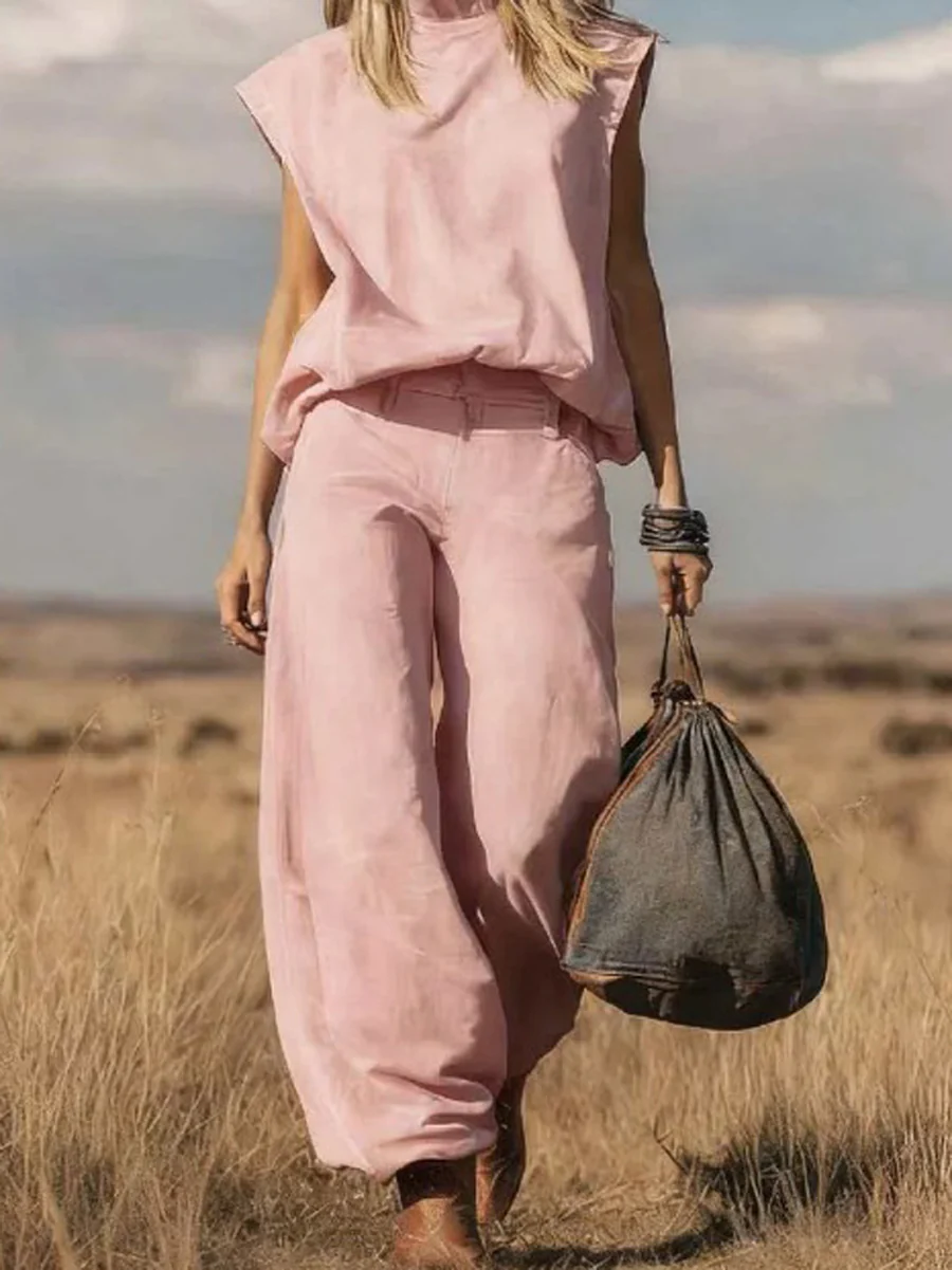 High Waisted Loose Pockets Solid Color Mock Neck Suits Vest Top + Pants Bottom Two Pieces Set - Image 4