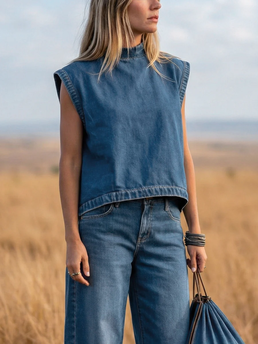 High Waisted Loose Pockets Solid Color Mock Neck Suits Vest Top + Pants Bottom Two Pieces Set - Image 5