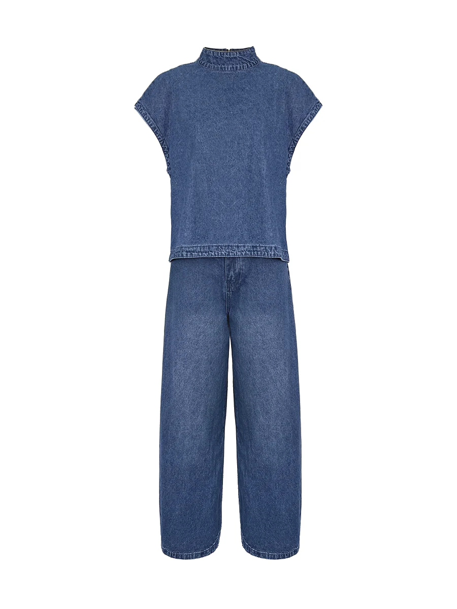 High Waisted Loose Pockets Solid Color Mock Neck Suits Vest Top + Pants Bottom Two Pieces Set - Image 7