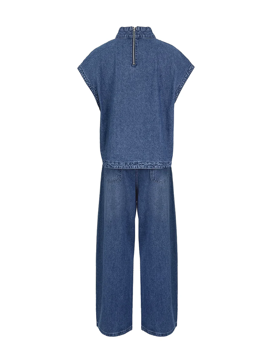 High Waisted Loose Pockets Solid Color Mock Neck Suits Vest Top + Pants Bottom Two Pieces Set - Image 8