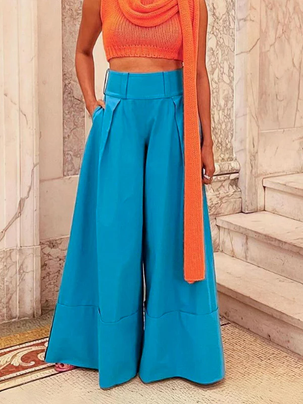 High Waisted Loose Pockets Solid Color Pants Trousers - Image 8