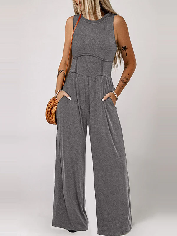 High Waisted Loose Pockets Solid Color Round-Neck Jumpsuits - Image 2