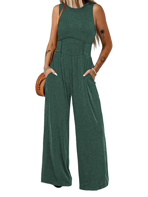 High Waisted Loose Pockets Solid Color Round-Neck Jumpsuits - Image 3