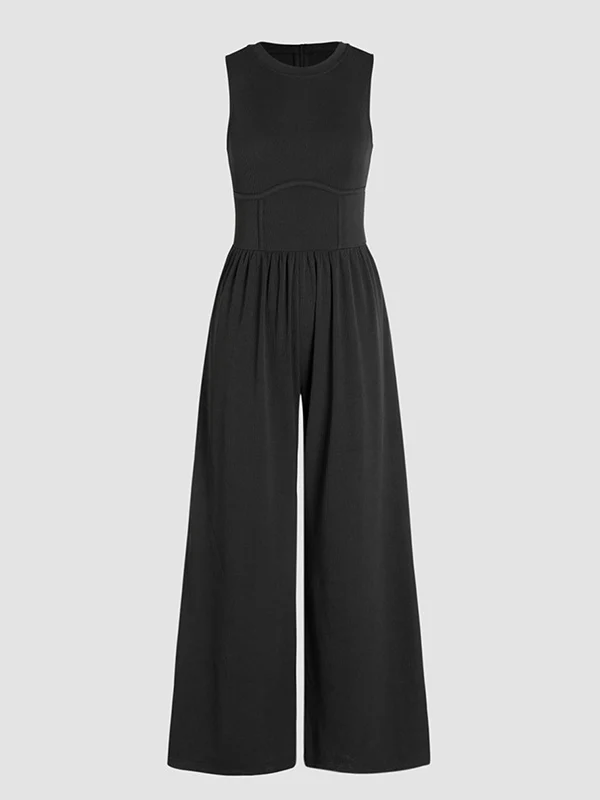 High Waisted Loose Pockets Solid Color Round-Neck Jumpsuits - Image 4