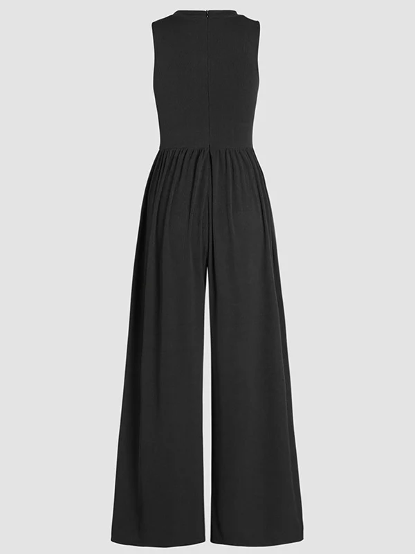 High Waisted Loose Pockets Solid Color Round-Neck Jumpsuits - Image 5