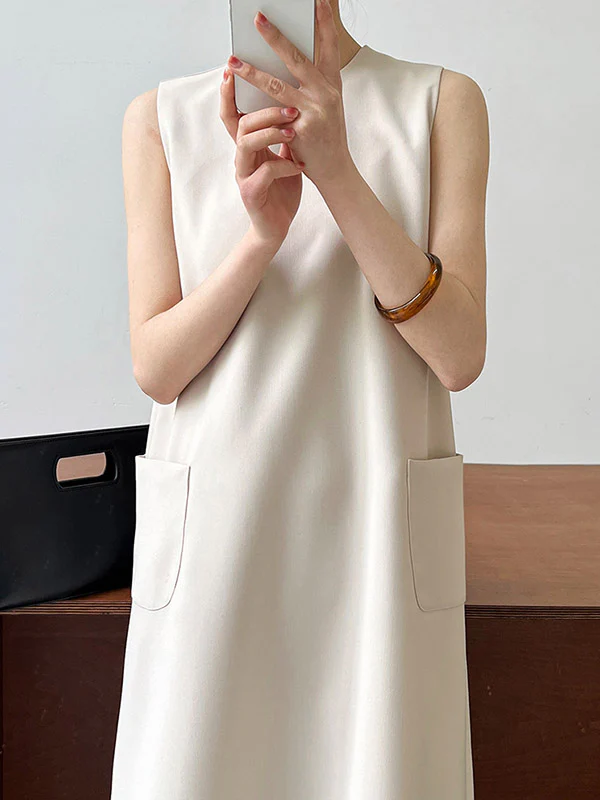 High Waisted Loose Pockets Solid Color Split-Back Zipper Round-Neck Midi Dresses - Image 10