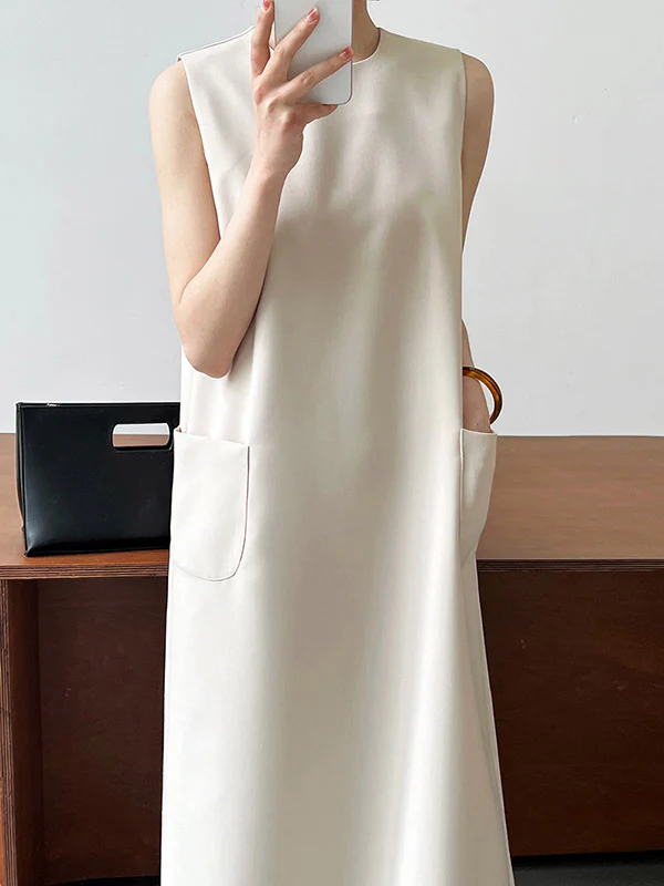 High Waisted Loose Pockets Solid Color Split-Back Zipper Round-Neck Midi Dresses - Image 11