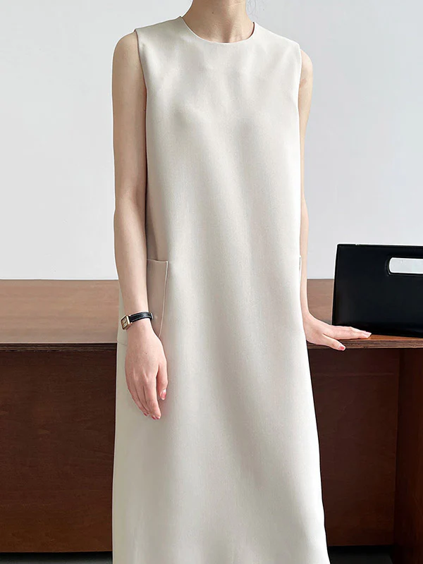 High Waisted Loose Pockets Solid Color Split-Back Zipper Round-Neck Midi Dresses - Image 12