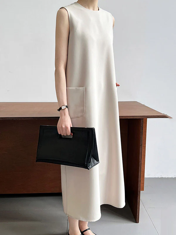 High Waisted Loose Pockets Solid Color Split-Back Zipper Round-Neck Midi Dresses - Image 13