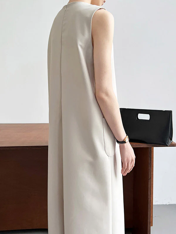 High Waisted Loose Pockets Solid Color Split-Back Zipper Round-Neck Midi Dresses - Image 14