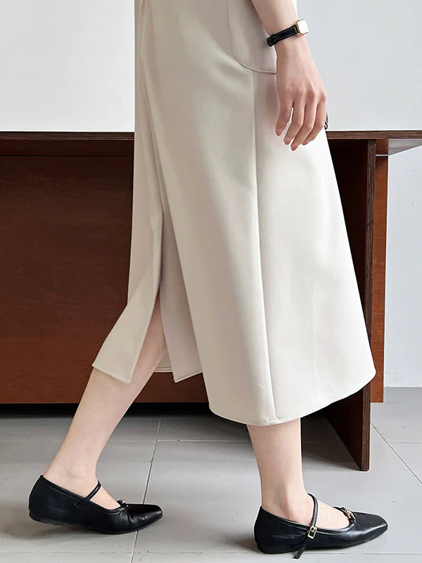 High Waisted Loose Pockets Solid Color Split-Back Zipper Round-Neck Midi Dresses - Image 15