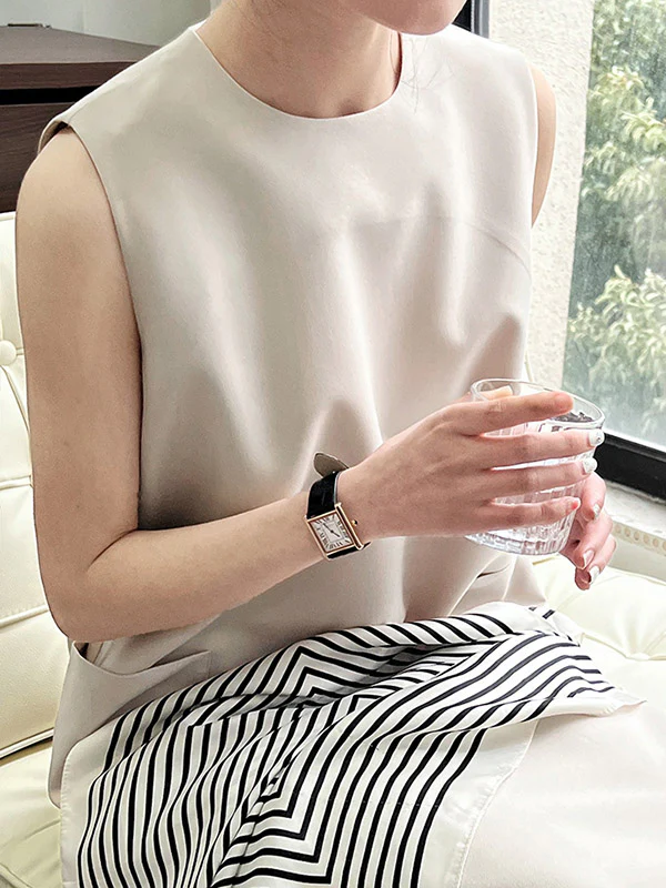 High Waisted Loose Pockets Solid Color Split-Back Zipper Round-Neck Midi Dresses - Image 16