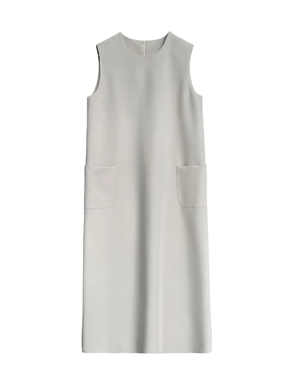 High Waisted Loose Pockets Solid Color Split-Back Zipper Round-Neck Midi Dresses - Image 17