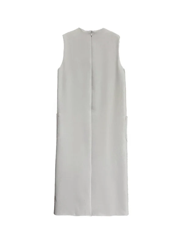 High Waisted Loose Pockets Solid Color Split-Back Zipper Round-Neck Midi Dresses - Image 18