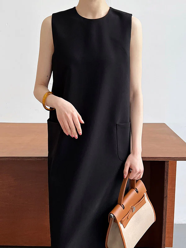 High Waisted Loose Pockets Solid Color Split-Back Zipper Round-Neck Midi Dresses - Image 2