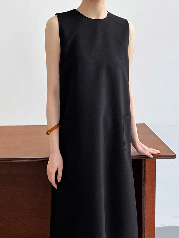 High Waisted Loose Pockets Solid Color Split-Back Zipper Round-Neck Midi Dresses - Image 3