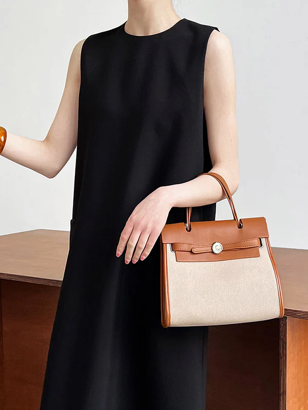 High Waisted Loose Pockets Solid Color Split-Back Zipper Round-Neck Midi Dresses - Image 4