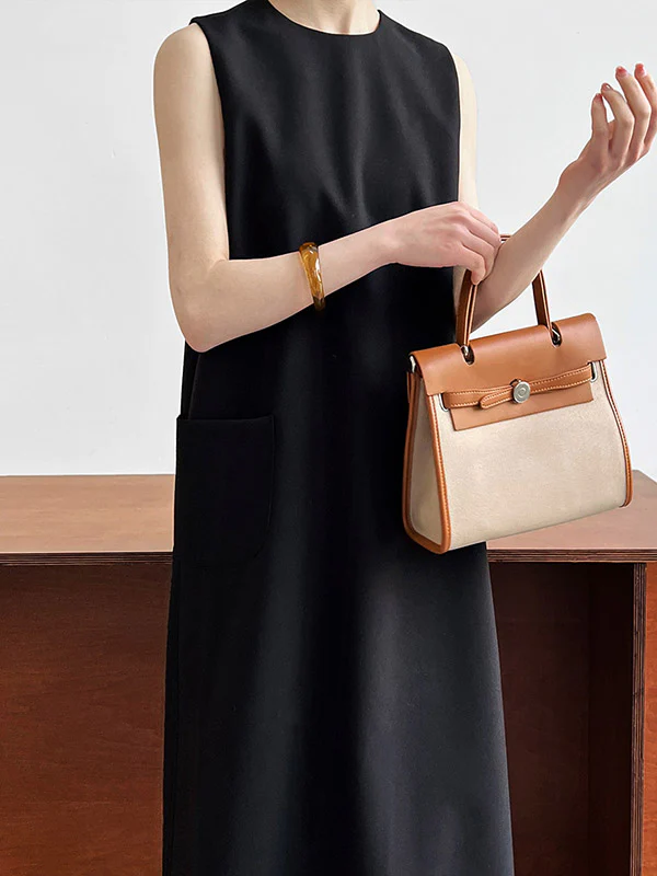 High Waisted Loose Pockets Solid Color Split-Back Zipper Round-Neck Midi Dresses - Image 5