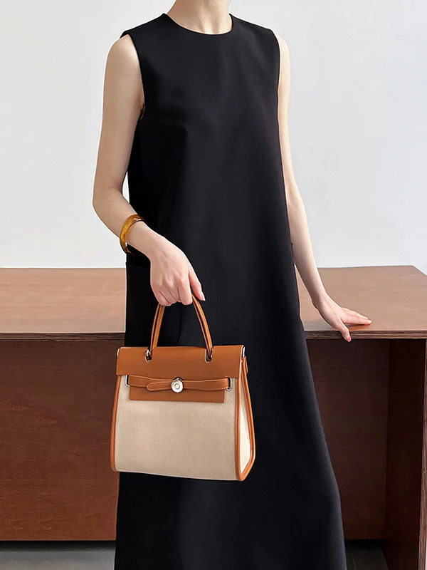 High Waisted Loose Pockets Solid Color Split-Back Zipper Round-Neck Midi Dresses - Image 6