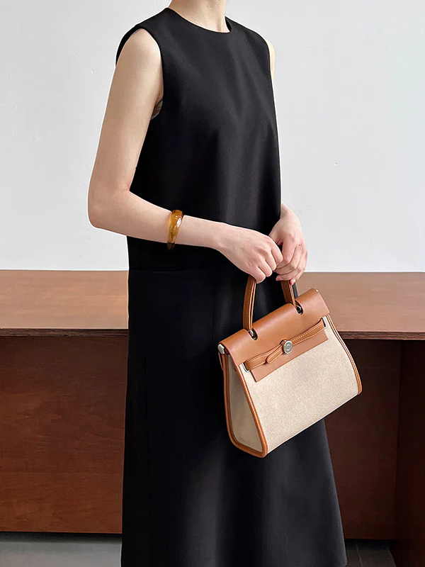 High Waisted Loose Pockets Solid Color Split-Back Zipper Round-Neck Midi Dresses - Image 7
