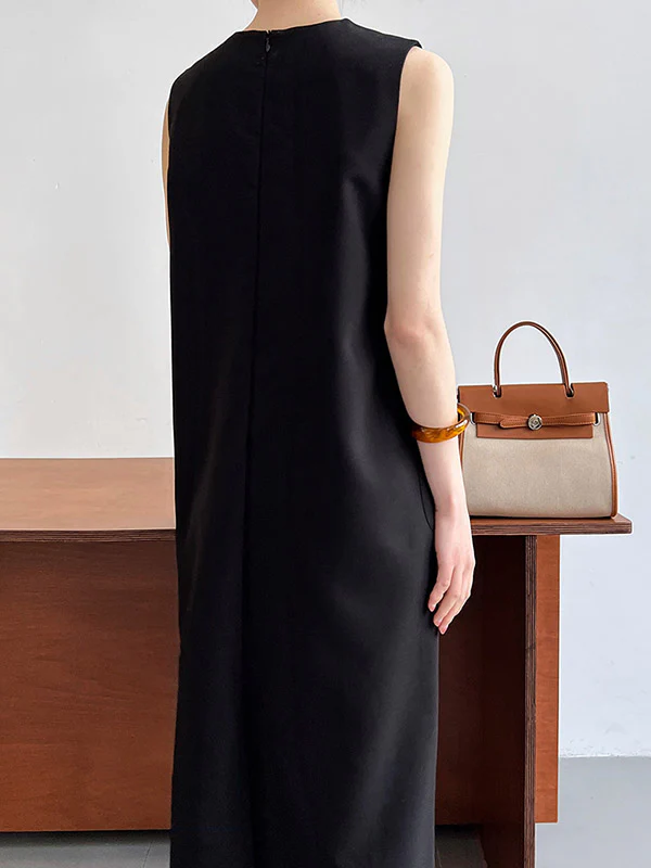 High Waisted Loose Pockets Solid Color Split-Back Zipper Round-Neck Midi Dresses - Image 8