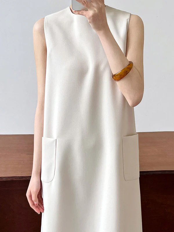 High Waisted Loose Pockets Solid Color Split-Back Zipper Round-Neck Midi Dresses - Image 9